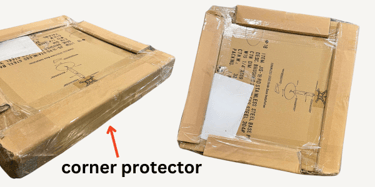 JI Bases packaging example, a cardboard box lined with corner protectors, or stiff packing material designed to keep corners intact